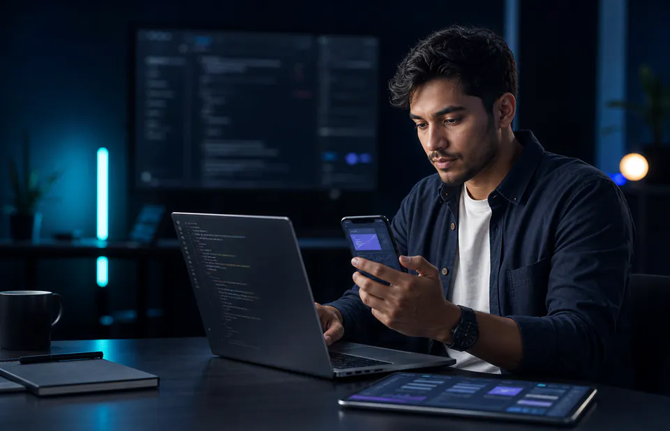 Professional web and app developer reviewing a mobile app prototype